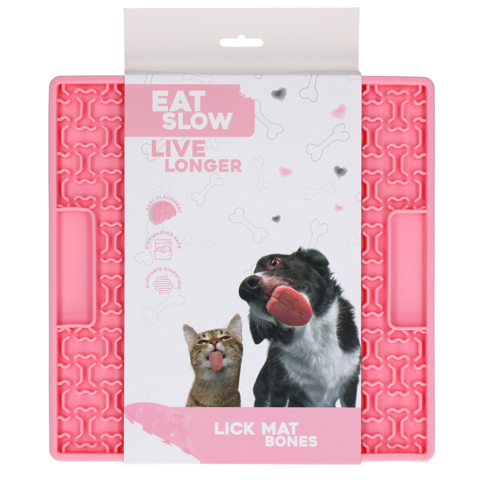 EATS064P Eat Slow Live Longer Lick Mat Bones Pink - Image 1
